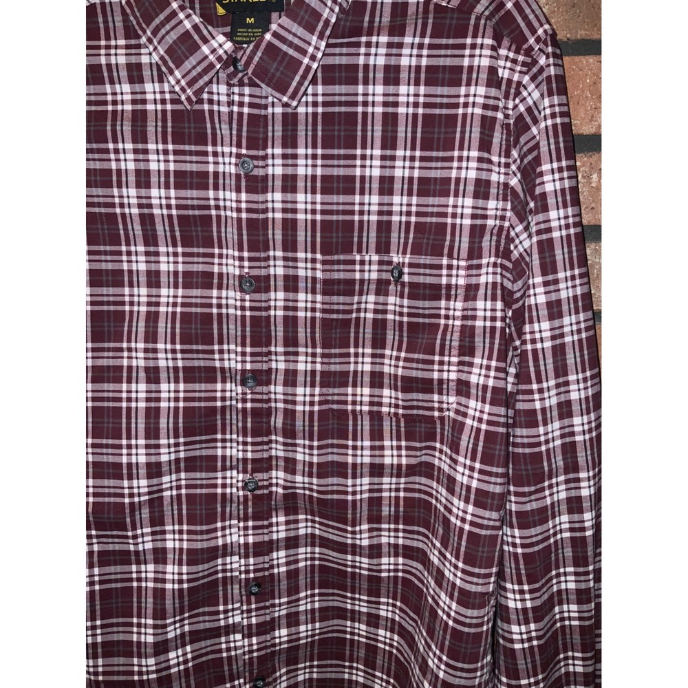 Stanley Mens Plaid Button Down Shirt Burgundy White Long Sleeve Medium M - Picture 2 of 4